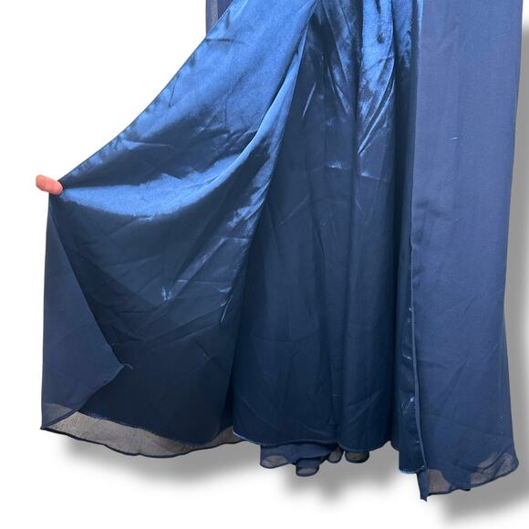 Lulus NWT Feeling Elegant Navy Blue Lace-Up Slit Chiffon Maxi Dress Medium - Picture 5 of 11